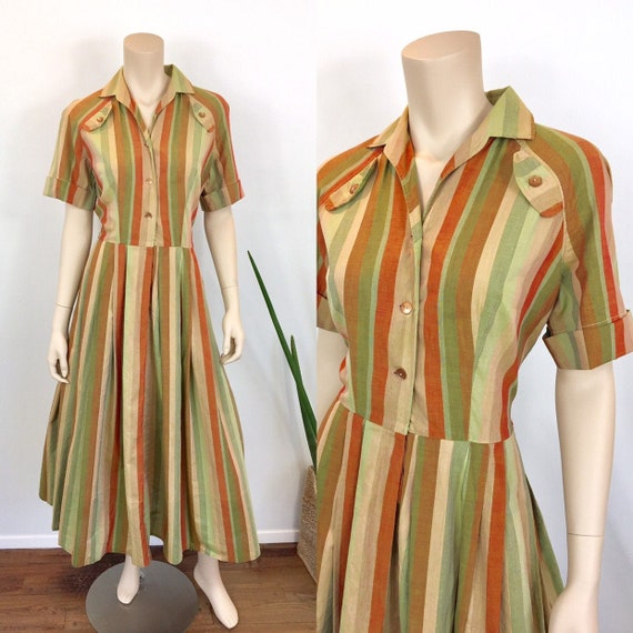 1950s Vintage STRIPED COTTON Pleated Skirt Shirt D