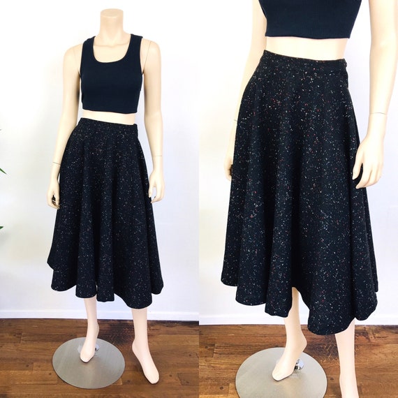 Vintage 1950s BLACK Wool & COLORFUL FLECKS Circle… - image 1