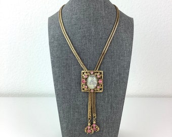 Vintage 1950s GOLD & PINK RHINESTONES Bolo Style Necklace