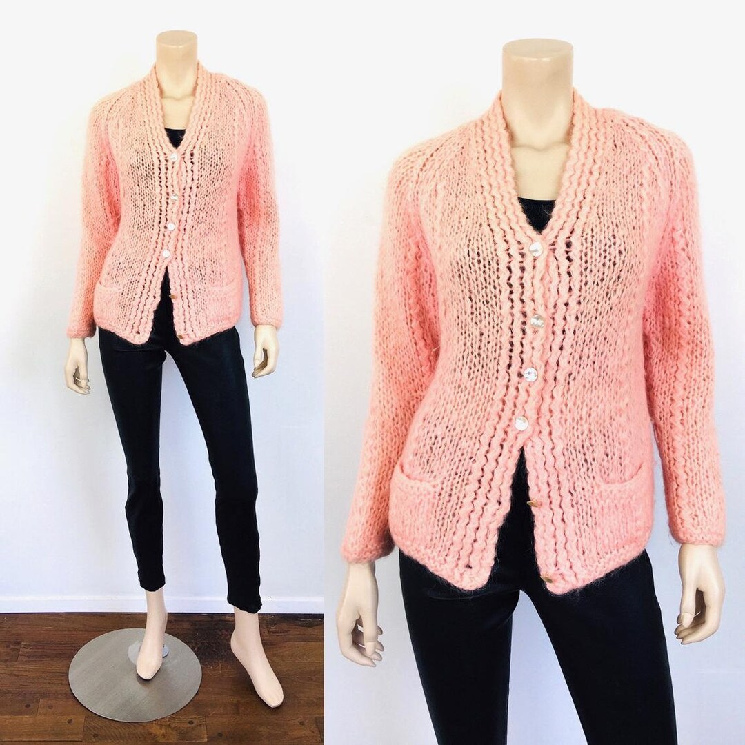 Vintage 1960s PASTEL PINK Wool & MOHAIR Cardigan Sweater Made in 