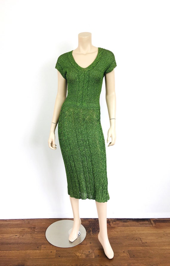1950s Vintage CROCHET RIBBON Knit Grass Green Bia… - image 2