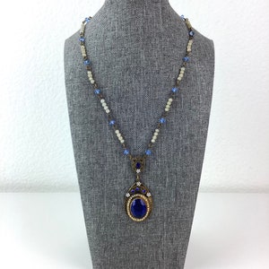 Vintage 1930s BLUE CZECHOSLOVAKIAN Glass & Bronze Metal Filigree Necklace