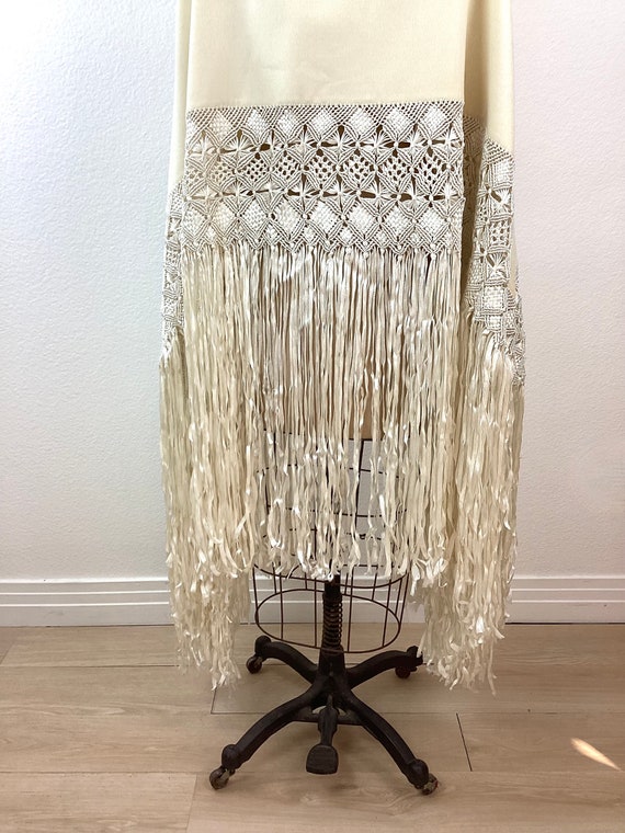 Antique Vintage CREAM Wool MACRAME FRINGE Shoulde… - image 7