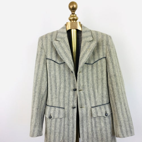 Vintage 1950s 1960s H bar shops C Mens Grey Wool Stripe Ranch Wear Jacket