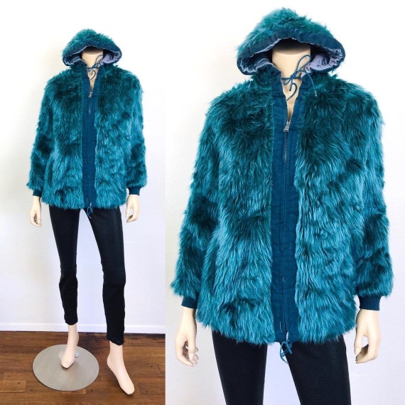 Vintage 1960s BLUE FAUX FUR Hoodie Hooded Bomber J