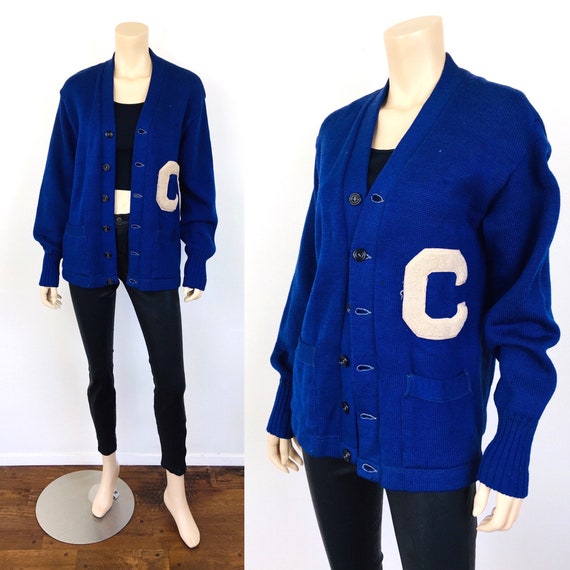 Vintage 1950s BLUE Wool LETTERMAN SWEATER Cardigan