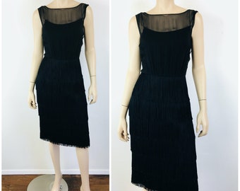 Vintage 1950s BLACK FRINGE & Sheer CHIFFON Cocktail/ Party Dress