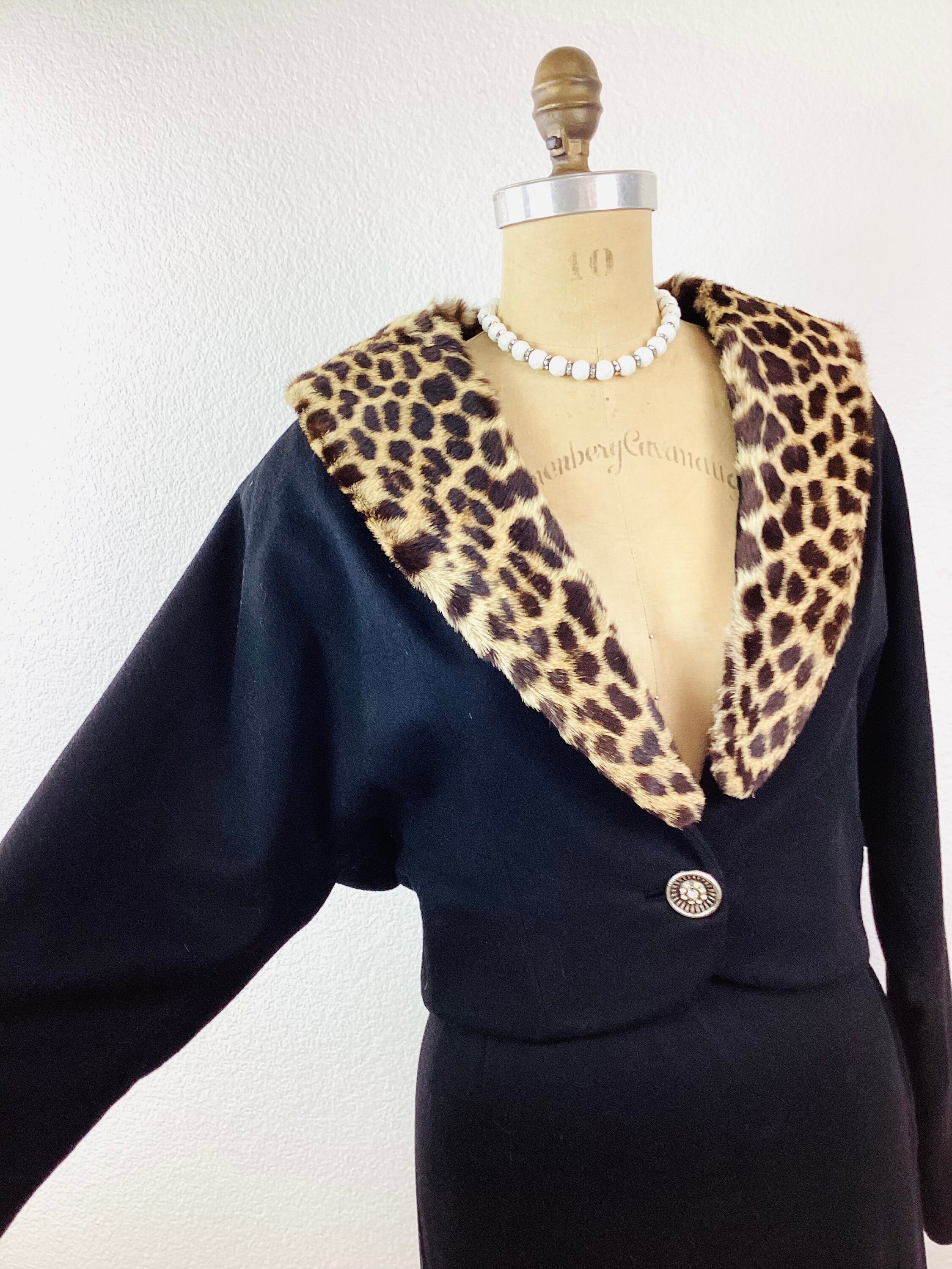 60s 希少 Euro Vintage ラバージャケット Vintage 1950s LEOPARD Print FUR Collar 2pc Betty Rose Black