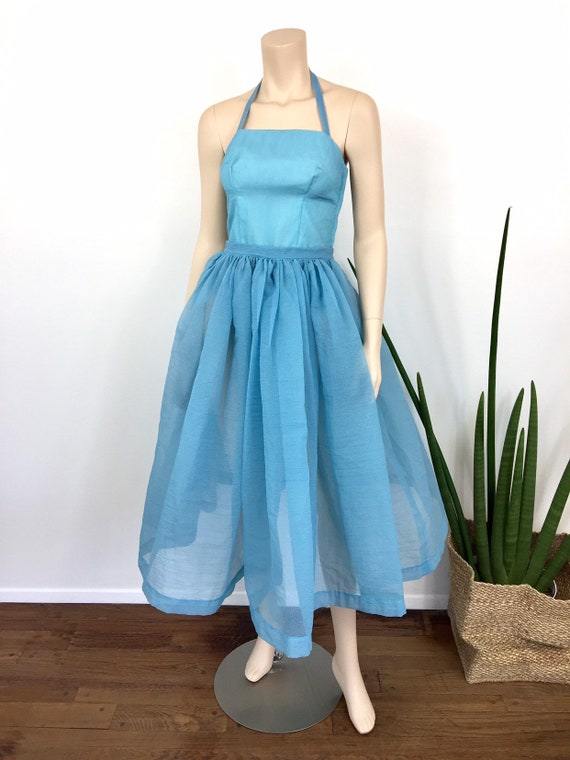 1950s Vintage SHEER TURQUOISE Blue HALTER Top & S… - image 2