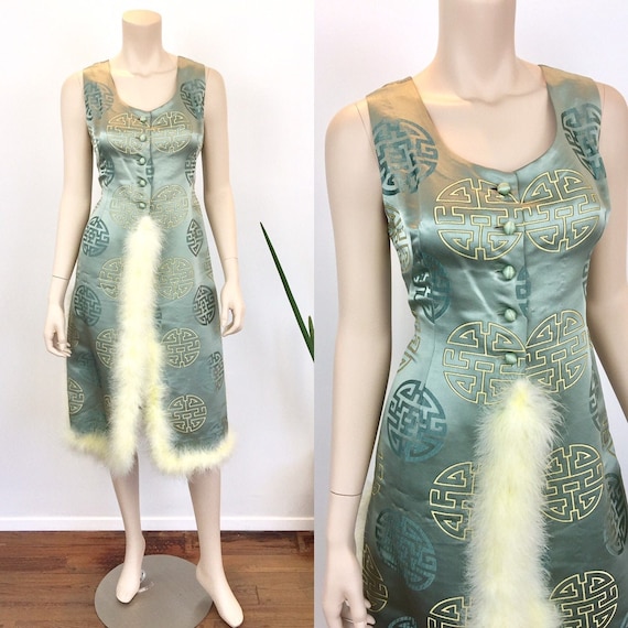 1950s 1960s Vintage Asian JADED GREEN Satin & FEAT