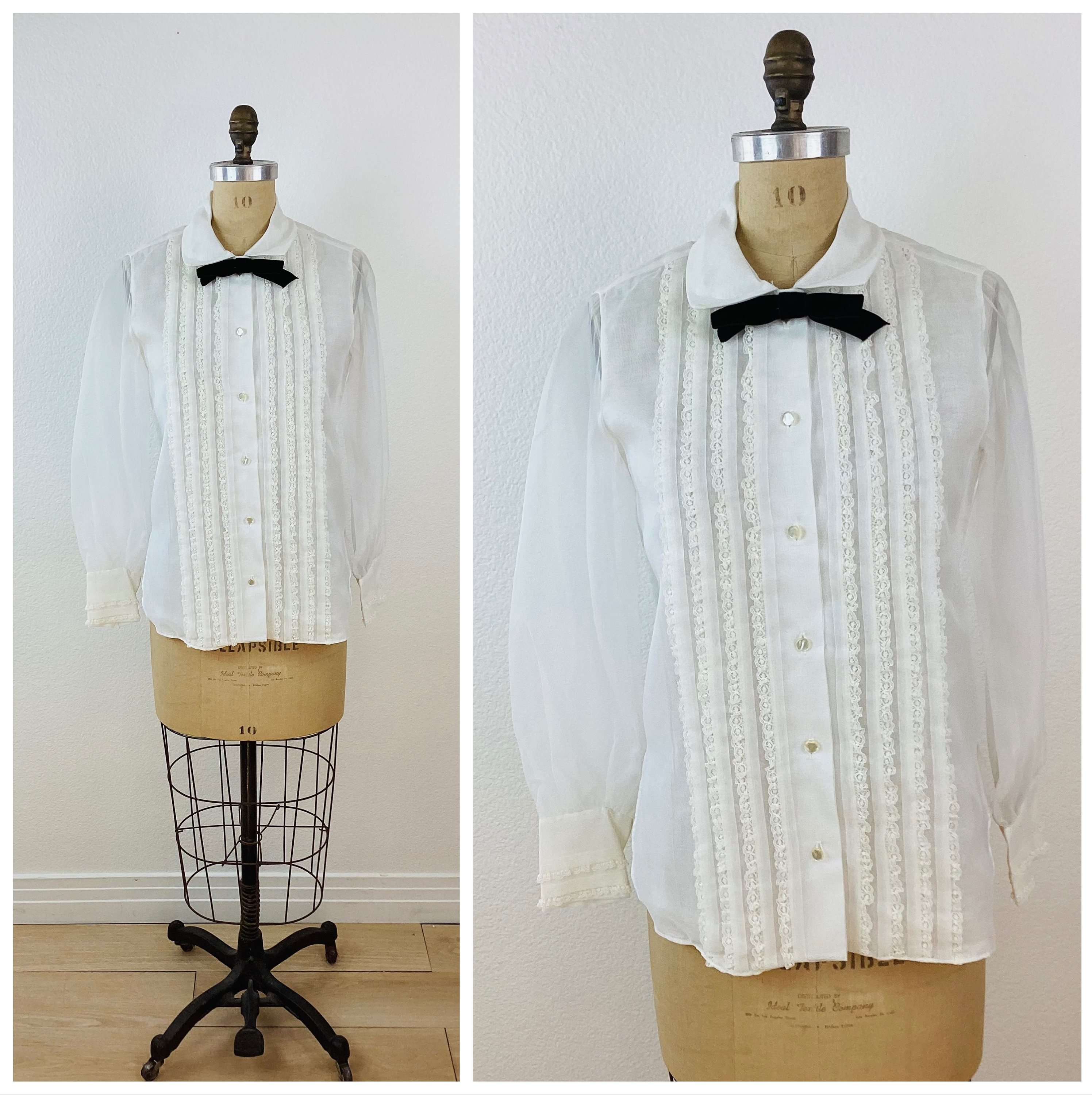 Vintage 1960s WHITE LACE Ruffle TUXEDO Black Bow Tie Blouse