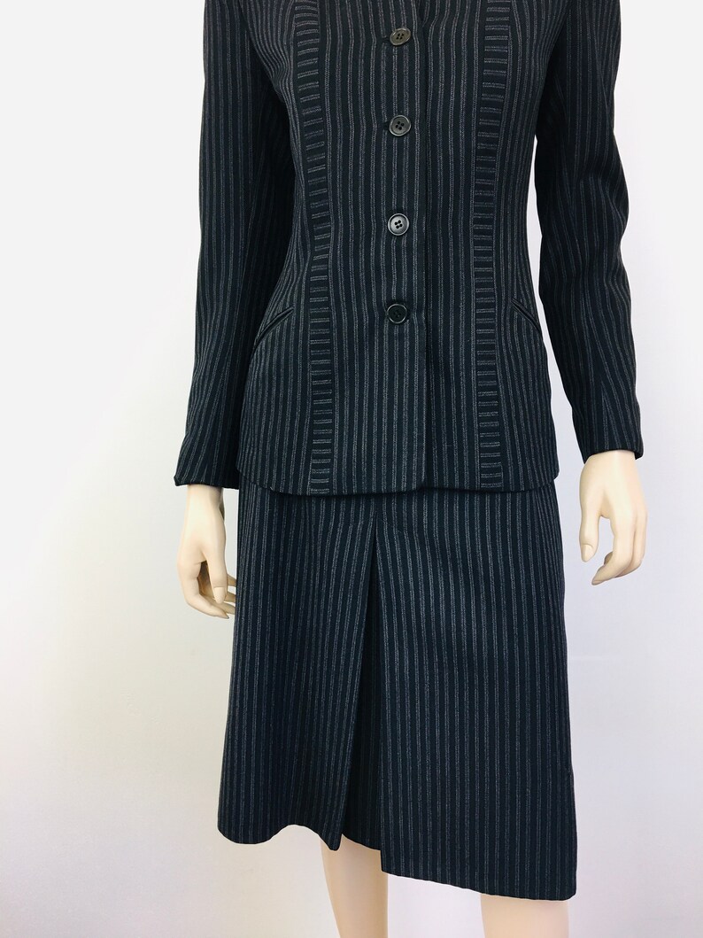 Vintage 1940s STRIPED Black & Grey Big Shoulder Skirt and Jacket Suit image 6