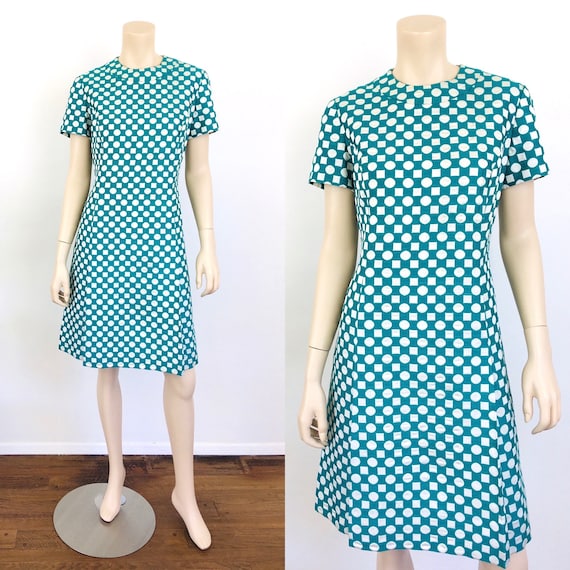 Vintage 1960s GEOMETRIC Green & White Mod Party Dr