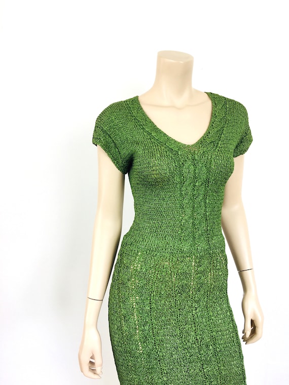 1950s Vintage CROCHET RIBBON Knit Grass Green Bia… - image 5