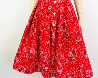 Vintage 1950s RED BANDANA Print Cotton Button Front Full Pleated Skirt