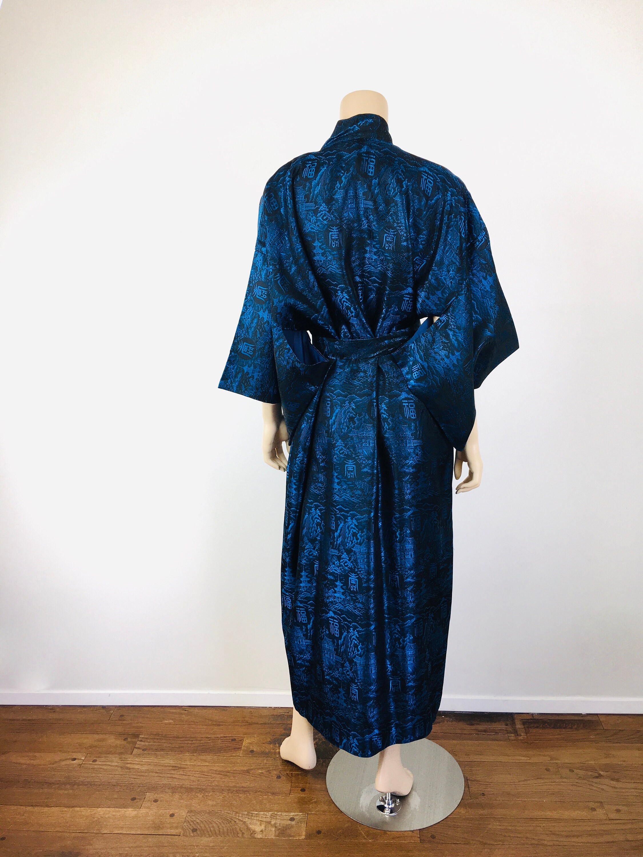 Brown Chinese landscape Printed Charmeuse Short Kimono Robe