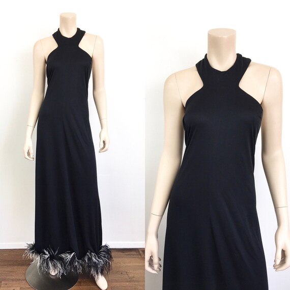 Vintage 1960s FEATHER BOA Trim BLACK Maxi Halter D