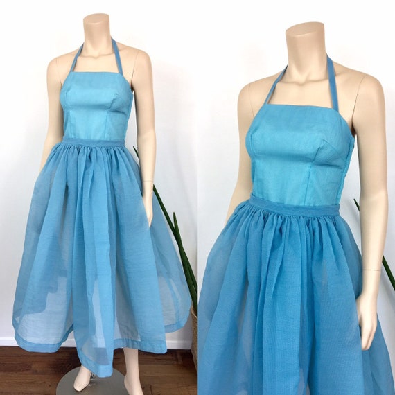 1950s Vintage SHEER TURQUOISE Blue HALTER Top & S… - image 1