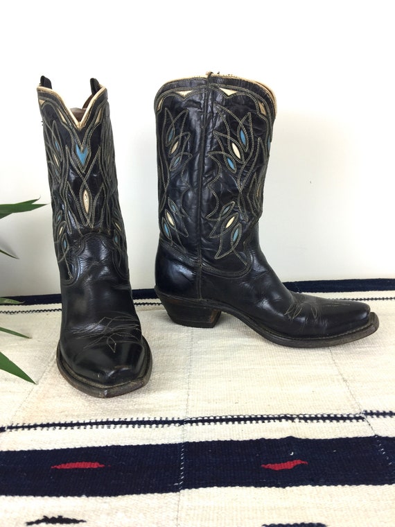 Vintage 1950s ACME Black Leather & Fancy Inlay Cow