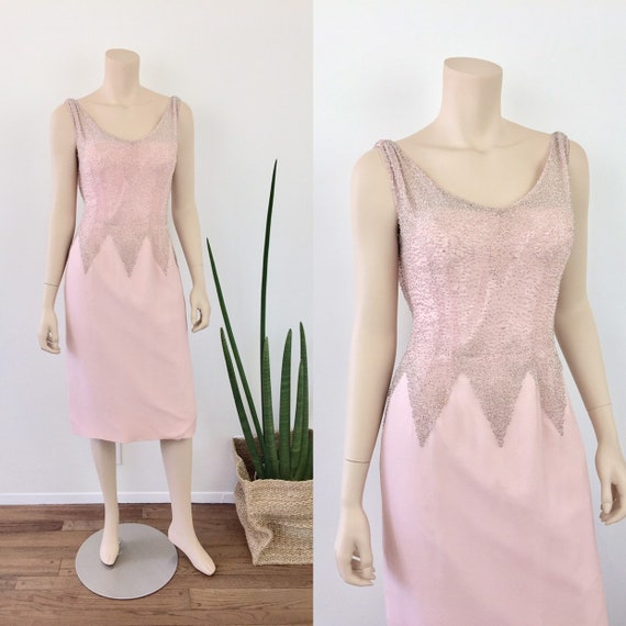 1950s 1960s Vintage Pale PINK BEADED Chiffon Summe