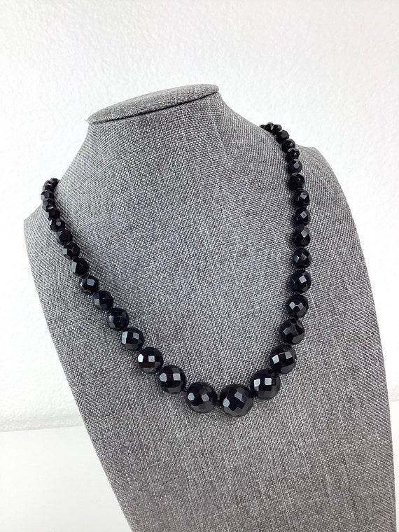 Vintage JET BLACK Facet Cut Glass Bead Necklace - image 3