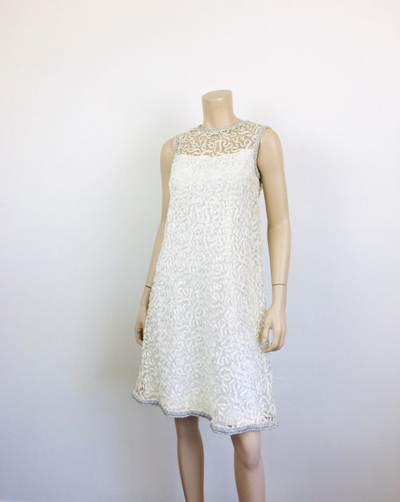 Vintage 1960s WHITE EMBROIDERED RIBBON & Silver M… - image 5