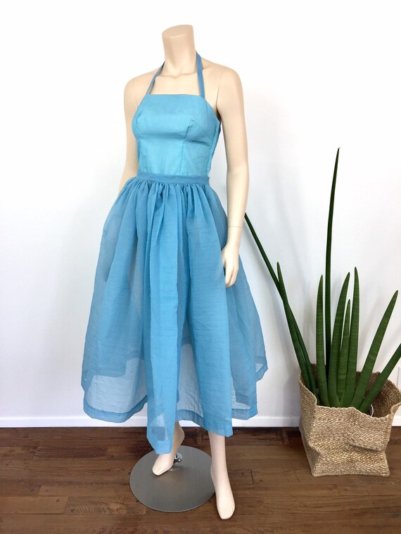 1950s Vintage SHEER TURQUOISE Blue HALTER Top & S… - image 5