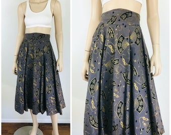 1950s Vintage GOLD METALLIC Fan & MASK Print Super High Waisted Full Skirt