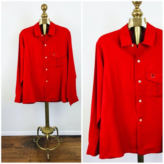 Vintage 1950s BRIGHT RED EMBROIDERED Chest Pocket 