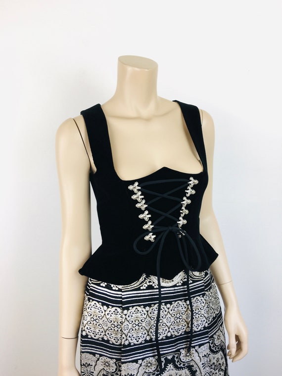 Vintage 1960s BLACK VELVET DIRNDL Lace Up Bustier… - image 5