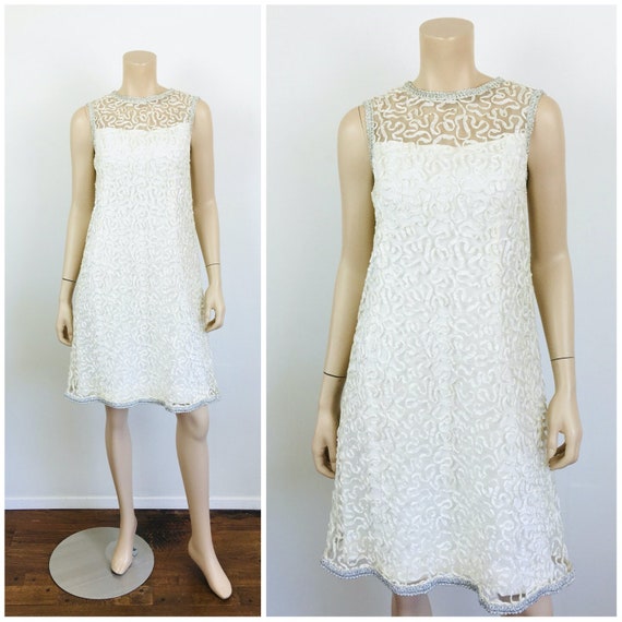 Vintage 1960s WHITE EMBROIDERED RIBBON & Silver M… - image 1