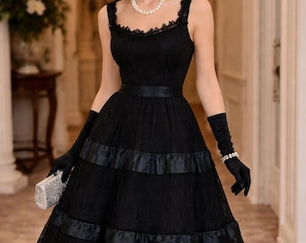 1950s Vintage Black SILK CHIFFON & LACE Tiered Illusion Dress