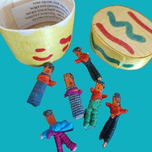 Vintage Guatemalan Trouble Dolls Worry Dolls handmade bamboo box handmade mini dolls Guatemala folk art  Latino