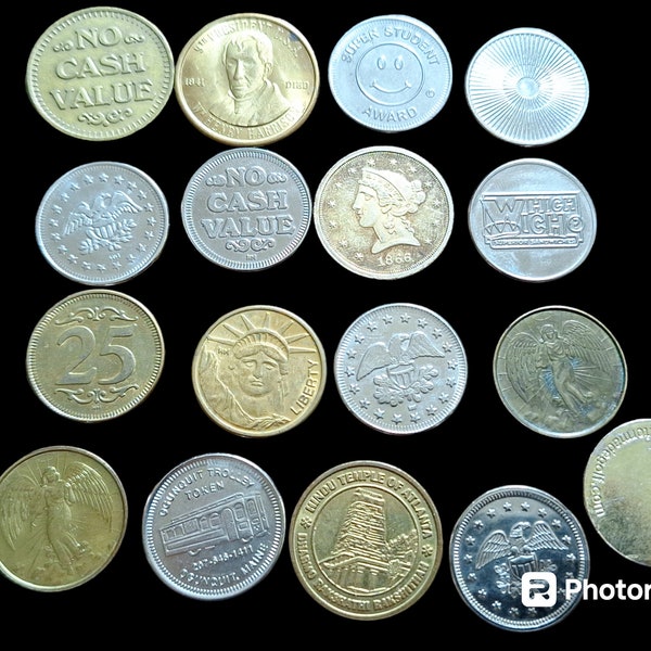 Vintage lot of 17 random tokens coins various years colors sizes Hindu Temple of Atlanta Trolley Token Maine Angel Student arcade americana