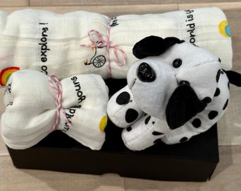 SwaddyDoggy Dots - Breathable Muslin Swaddle Blanket , Burp cloth and Dog gift set