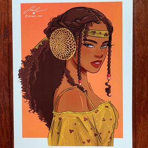May include: Illustration of a woman with brown skin, wearing a yellow dress and gold accessories. Her dark brown hair is styled with braids and a decorative headpiece. The background is a gradient of orange and the artwork is signed by "chiber_san".