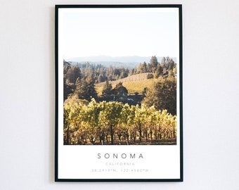 Sonoma Koordinaten Digitaldruck, Typografie druckbare Wandkunst, Napa Valley Vineyard Poster, minimalistische Wohnkultur, Weingut Fotografie