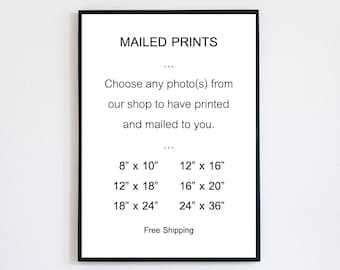 May include: A black and white framed poster with the text "MAILED PRINTS" and a list of print sizes in inches: 8" x 10", 12" x 16", 12" x 18", 16" x 20", 18" x 24", 24" x 36". The poster also includes the text "Free Shipping".