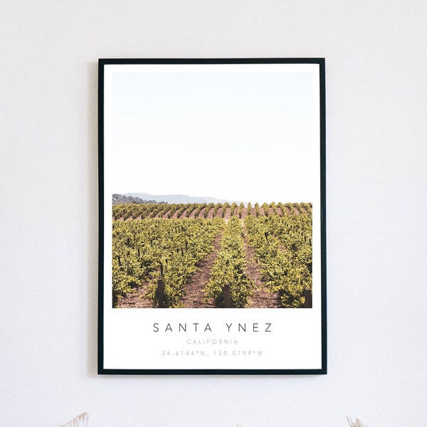 Santa Ynez Coordinates Digital Print, Winery Typography Printable Wall Art, Vineyard Poster, Minimalist Home Decor, Wine Travel Photography