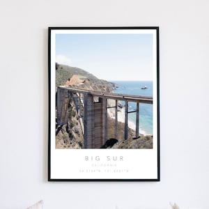 Big Sur Coordinates Digital Print, Typography Printable Wall Art, Bixby Bridge Poster, Minimalist Ocean Decor, California Travel Photography