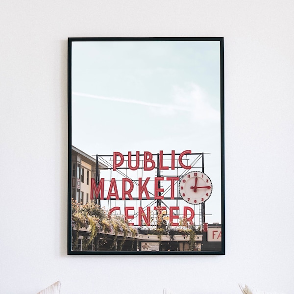 Pike Place Market Digital Print, Seattle Downloadable Poster, Pacific Northwest Printable Wall Art, Washington Travel Photography, Starbucks