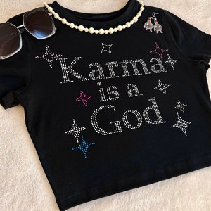 Karma&#39;s a God Y2K Rhinestone Cropped Tee