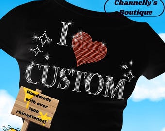 I Love CUSTOM Y2K cropped T-shirt met strassteentjes