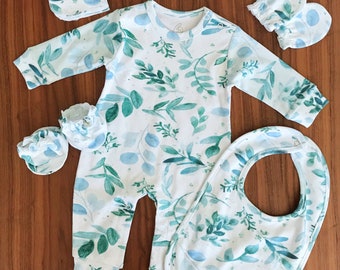 Organic Watercolor Greenery Romper, Eucalyptus Onesie, Newborn Gift Set, Organic Baby clothes, Eucalyptus Baby Clothes, Sage Baby Clothes