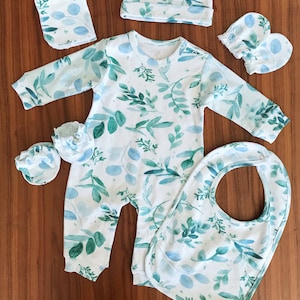 Organic Watercolor Greenery Romper, Eucalyptus Onesie, Newborn Gift Set, Organic Baby clothes, Eucalyptus Baby Clothes, Sage Baby Clothes