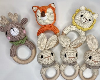 Soft Rattle Wooden Crochet, Crochet Animal Rattle, Crochet Baby Toy, Soft Animal Toy, Jingling Soft Baby Toy, Baby Gift, Newborn Gift