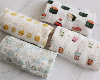 Organic Muslin Wrap, Organic Swaddle, Muslin Swaddle Blanket, Newborn Baby Swaddle Baby Shower Gift, Newborn Gift, Boba, Rainbow, Sushi