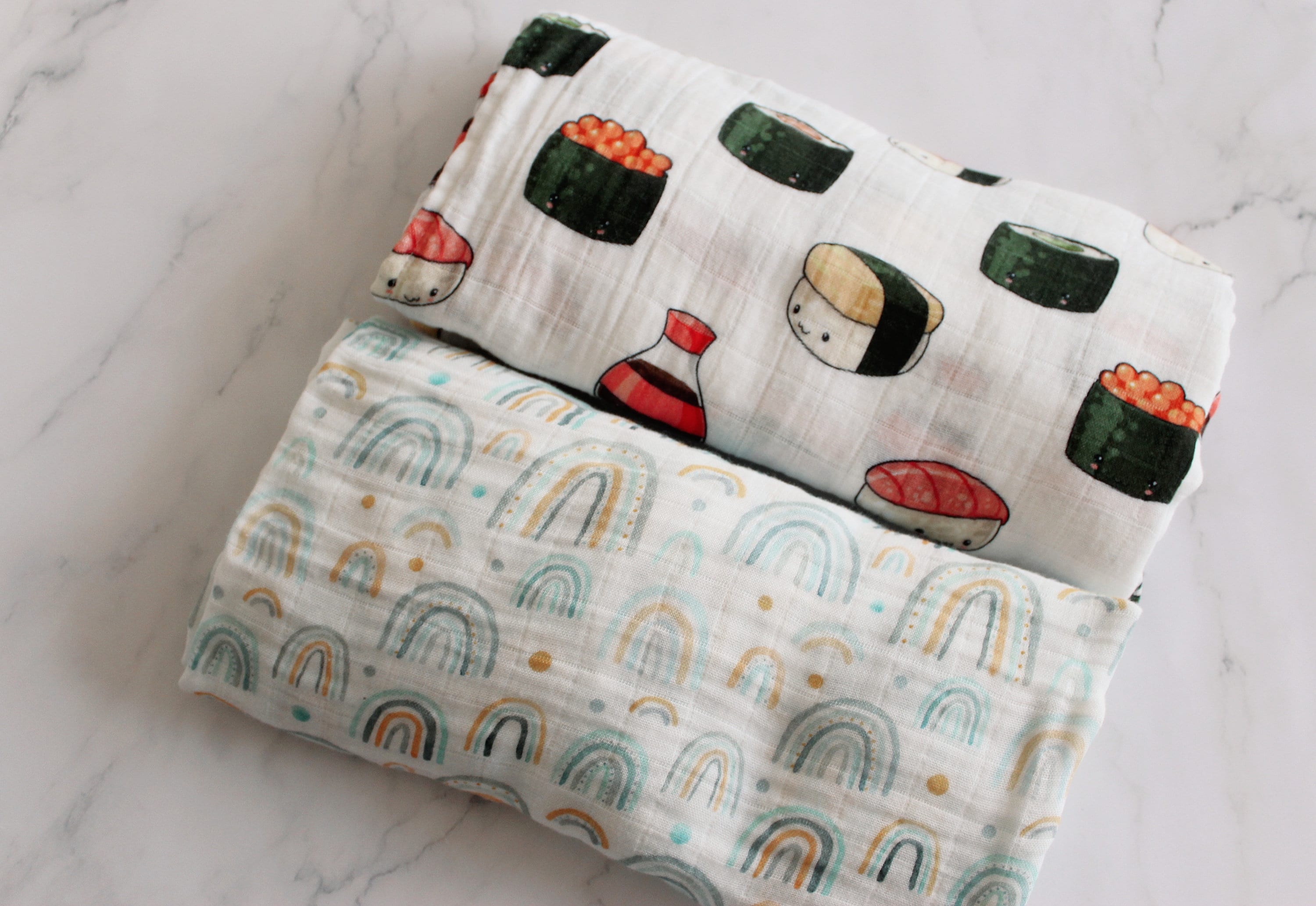 2 Pack Organic Muslin Wrap, Dim Sum Swaddle, Bubble Tea Swaddle, Boba Swaddle, Rainbow Swaddle