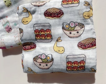 Organic Bamboo Muslin Swaddle Blanket: Sushi, Boba, Rainbow Print