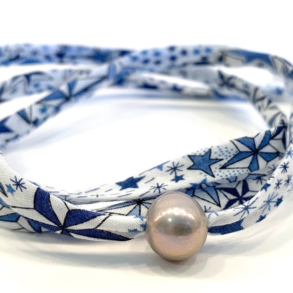 Liberty of London Blue Star Wrap Bracelet with 10mm gray fresh water pearl